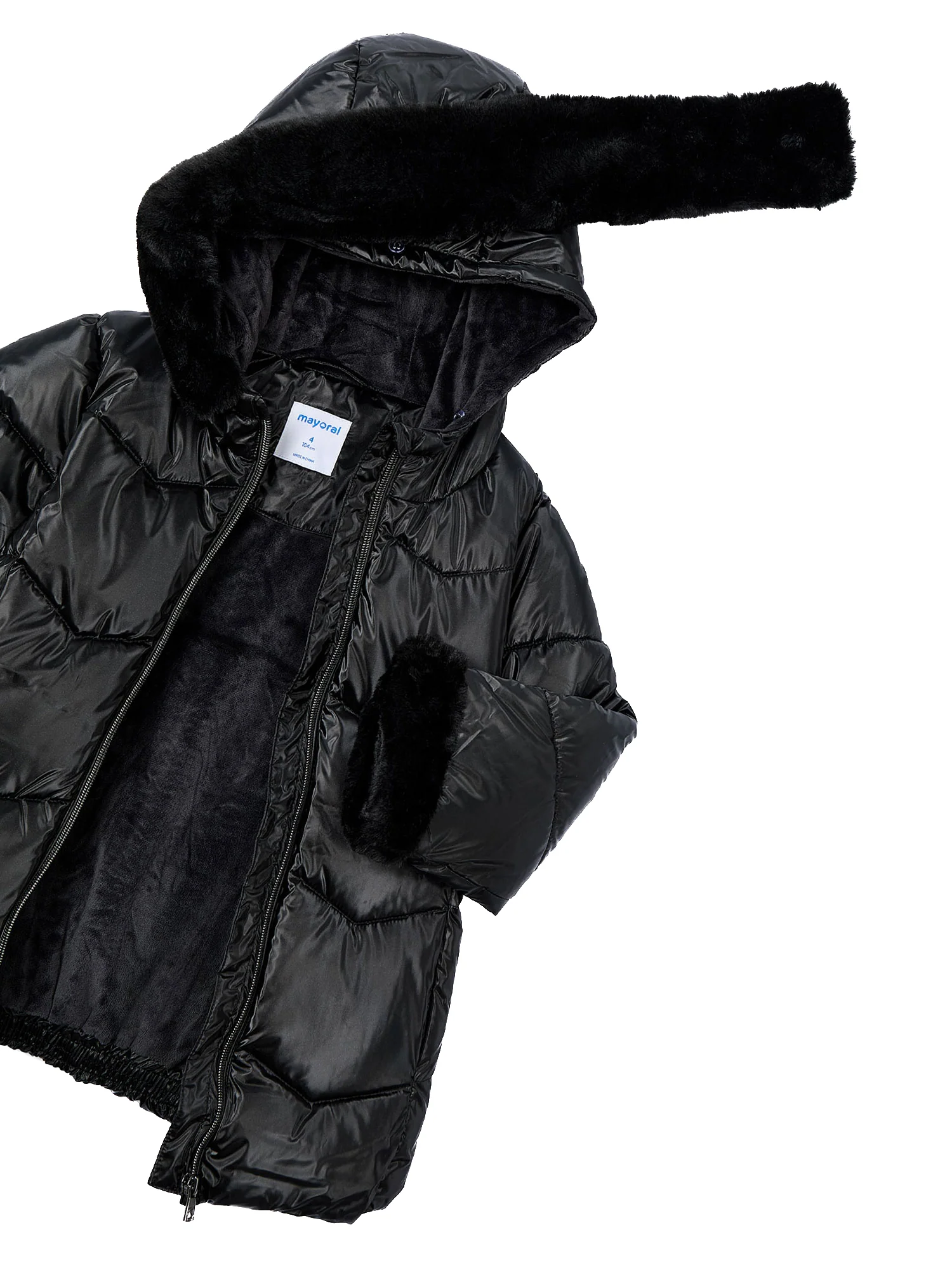 Piumino trapuntato con cappuccio in eco pelliccia nero - Image 3