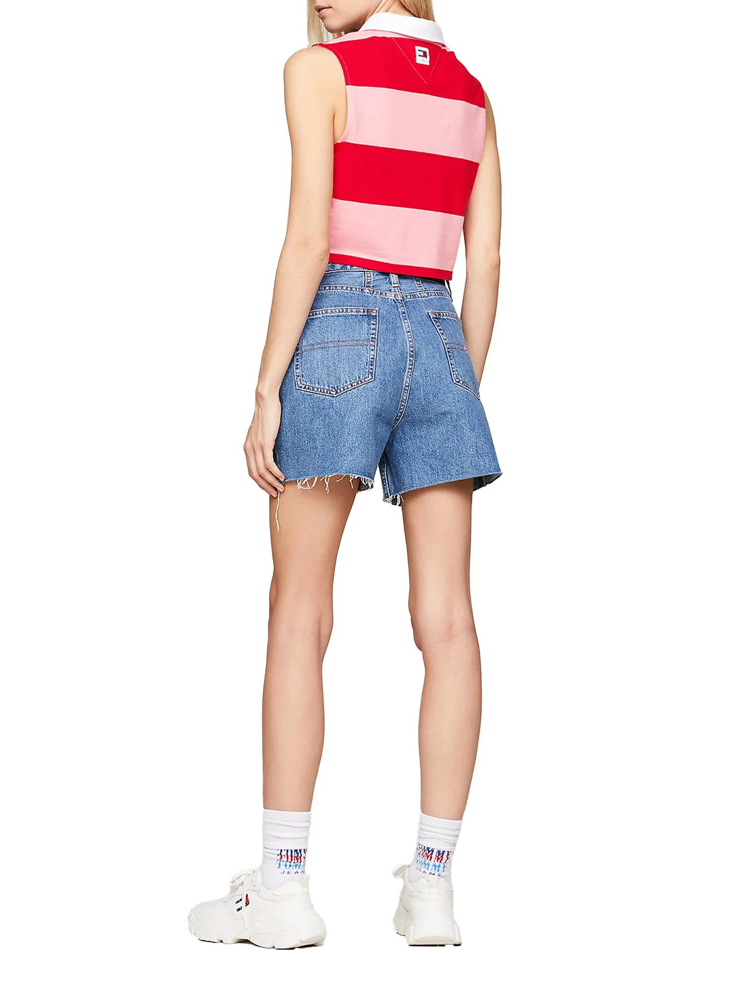 Polo crop smanicata con motivo a righe colorblock rosa multi - Image 3