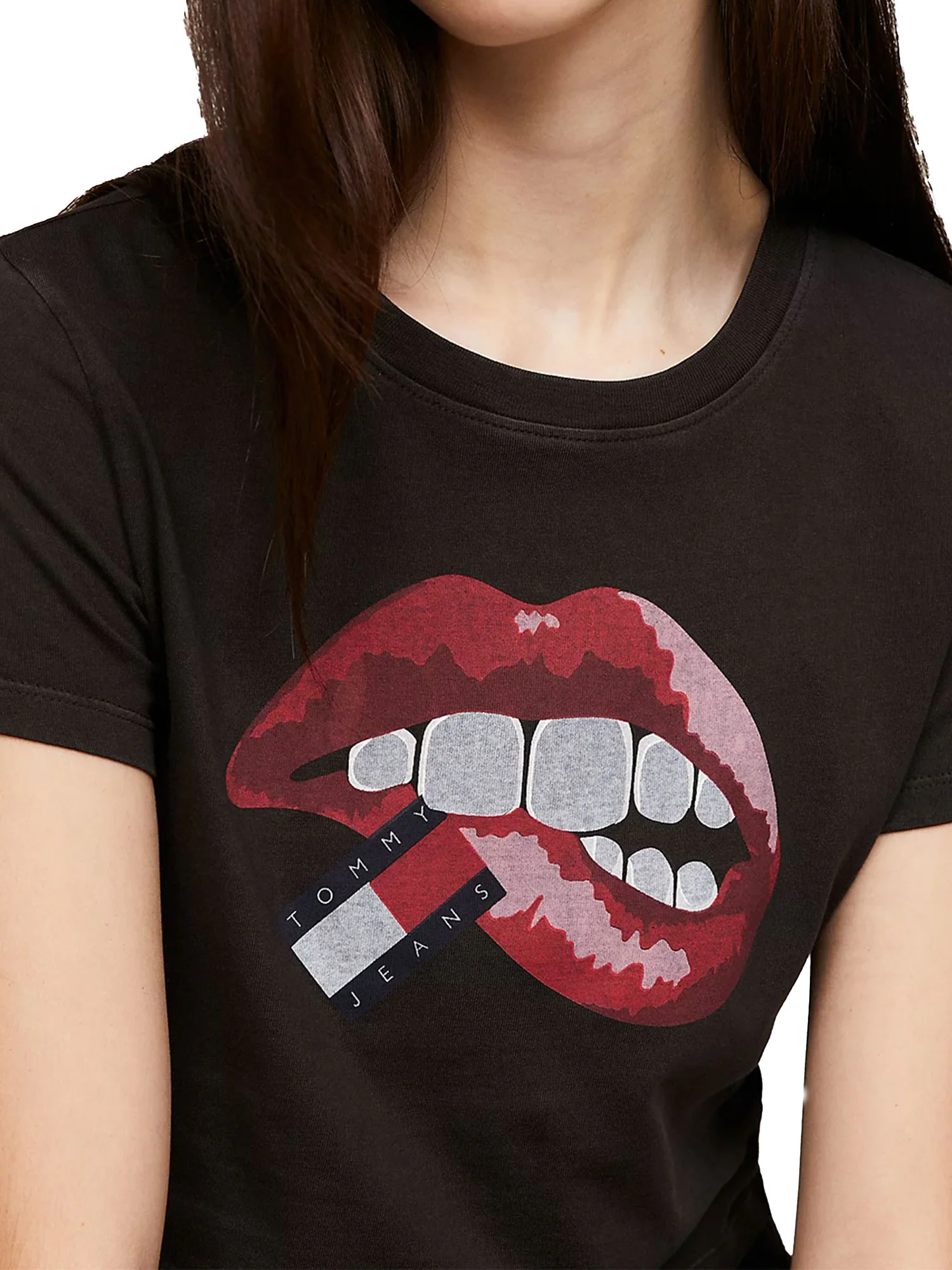 T-shirt in jersey di cotone washed Slim fit crop con stampa labbra nero - Image 4