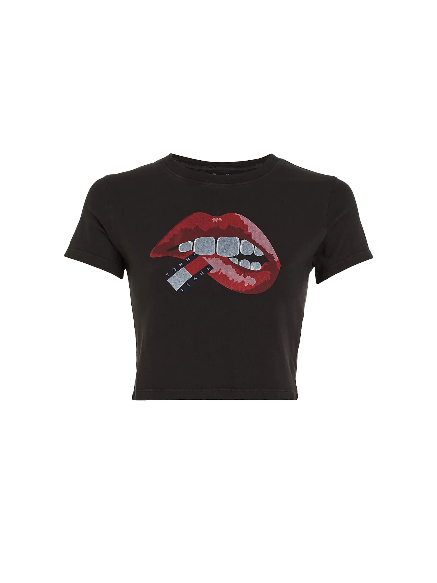 T-shirt in jersey di cotone washed Slim fit crop con stampa labbra nero - Image 5