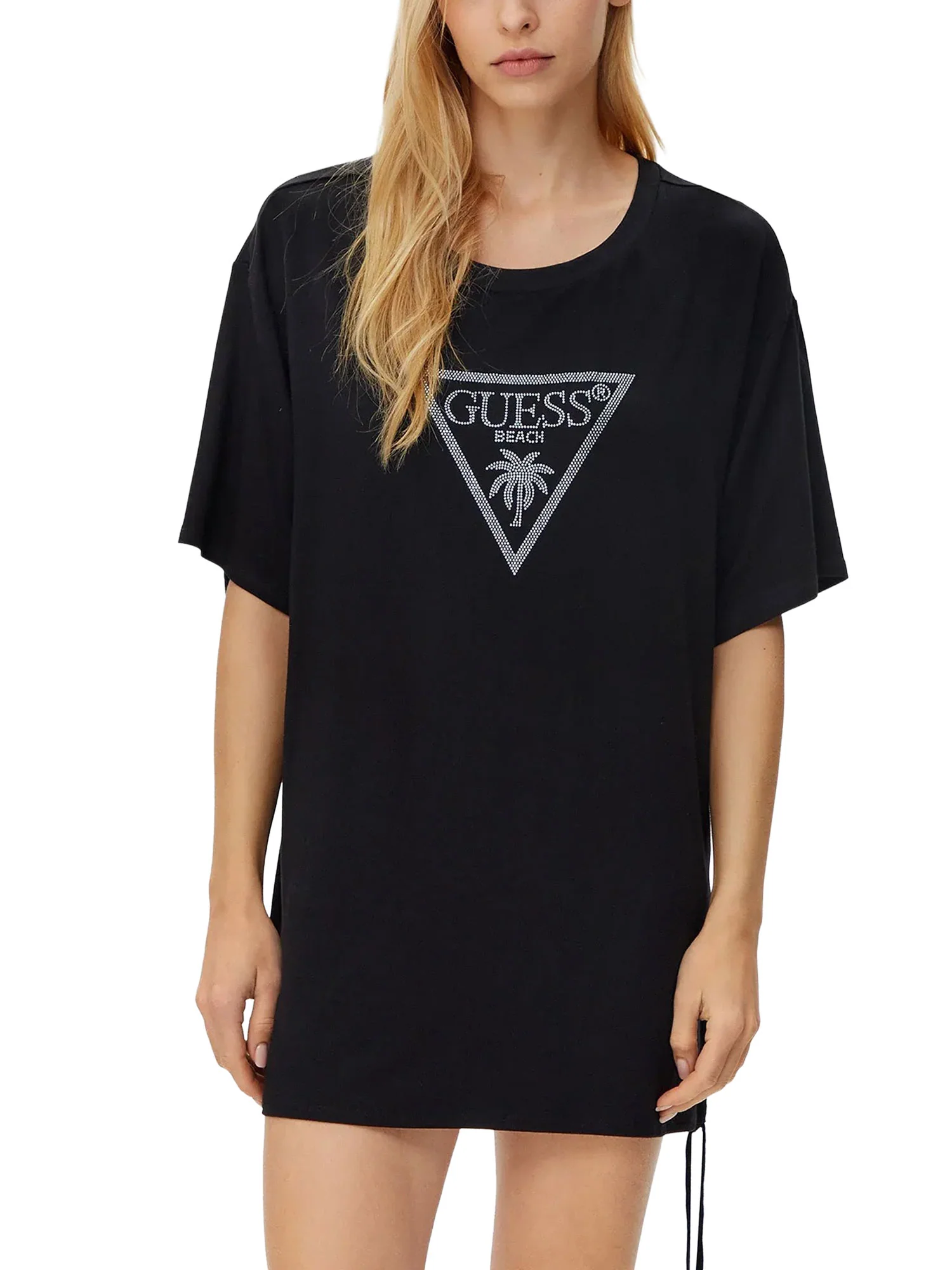 T-shirt manica corta Guess donna con maxi triangle strass nero - Image 5